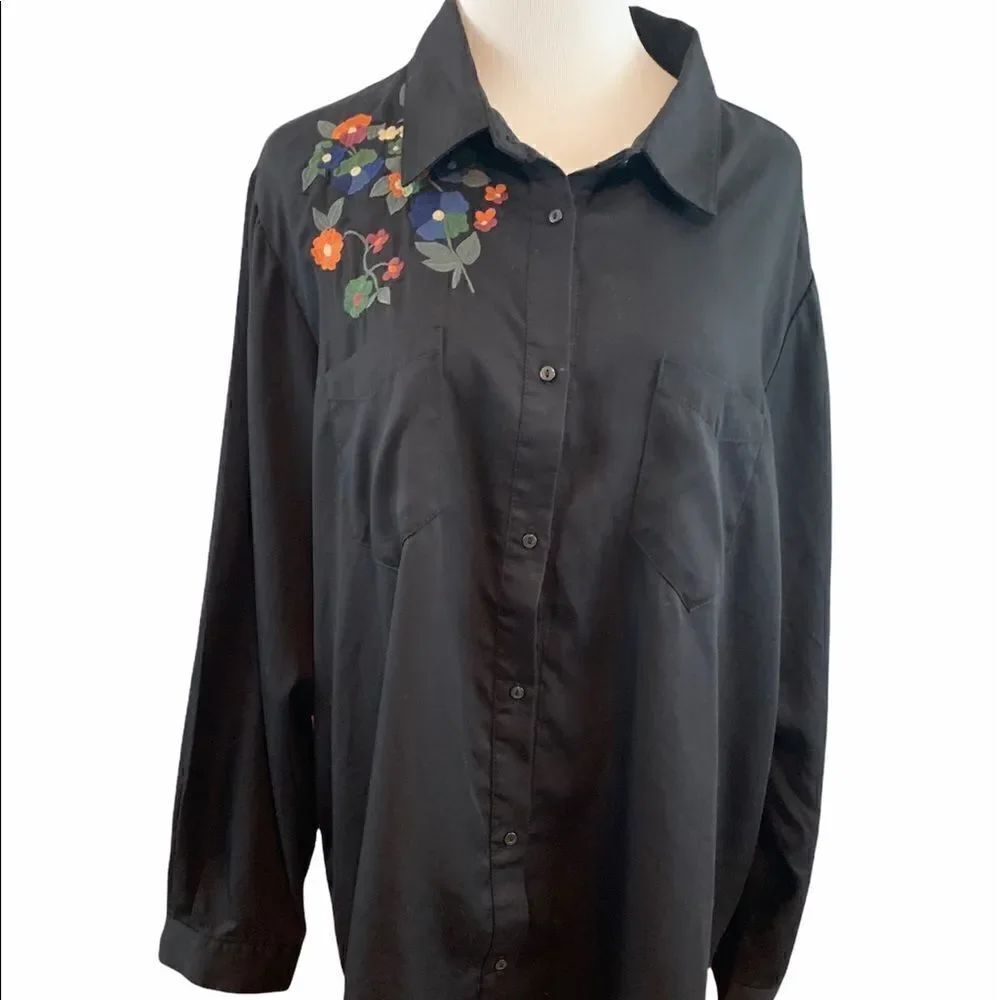 For the Republic black embroidered button down